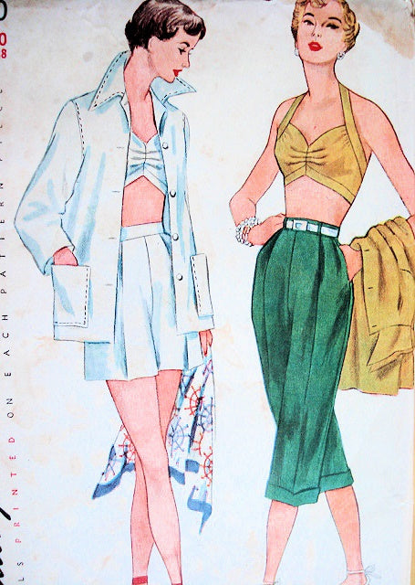 1950s  Beach Wear Pattern Pin Up  Halter Bra Top, Wing Collar Beach Jacket,  High Waist Shorts or Pedal Pusher Capri Length Pants Simplicity 3250 Vintage Sewing Pattern Bust 32