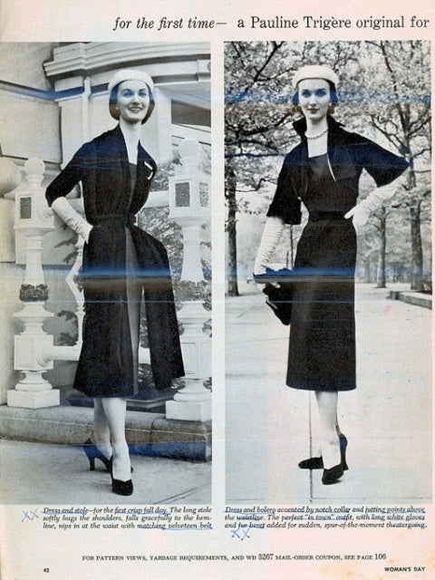 1950 Rare PAULINE TRIGERE WOMANS DAY Pattern 3267 Amazing Chameleon Dress,Princess Seamed Sheath, OverSkirt, Bolero Jacket,Long Stole Bust 34 Vintage Sewing Pattern