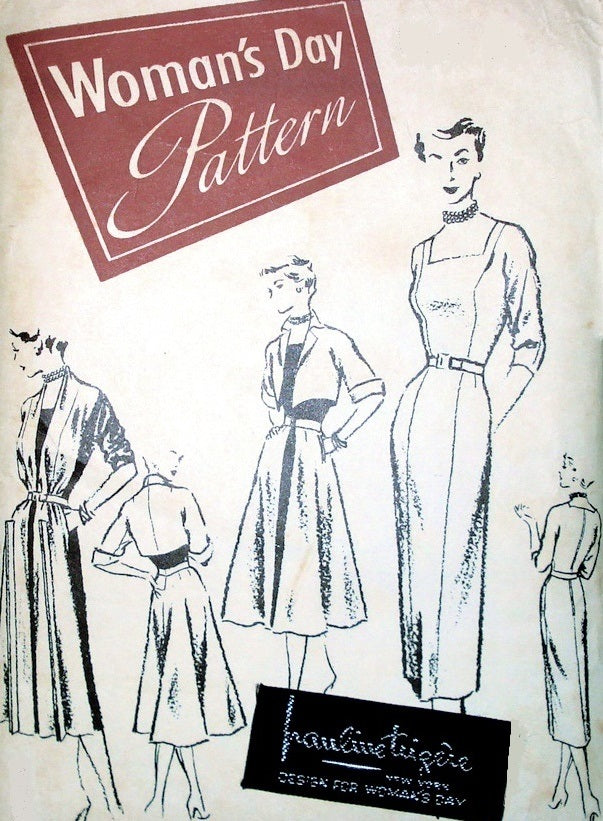 1950 Rare PAULINE TRIGERE WOMANS DAY Pattern 3267 Amazing Chameleon Dress,Princess Seamed Sheath, OverSkirt, Bolero Jacket,Long Stole Bust 34 Vintage Sewing Pattern