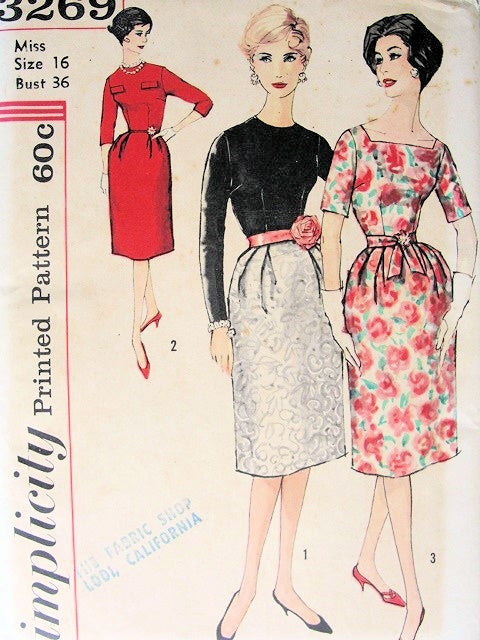 SIMPLICITY 3269 PATTERN 1960s COCKTAIL EVENING DRESS, 3 BODICE STYLES