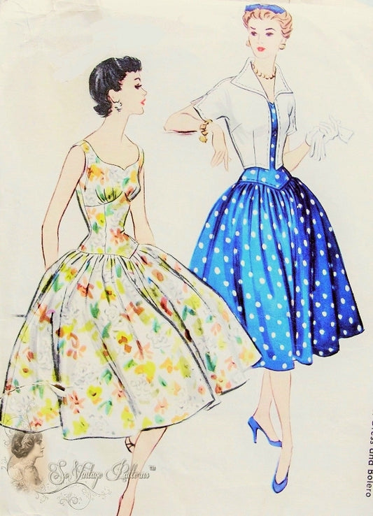 1950s Beautiful Midriff Molded Party Cocktail Dress and Wing Collar Bolero Jacket Pattern Shaped Neckline, Very Full Skirt McCalls 3270 Vintage Sewing Pattern Bust 31