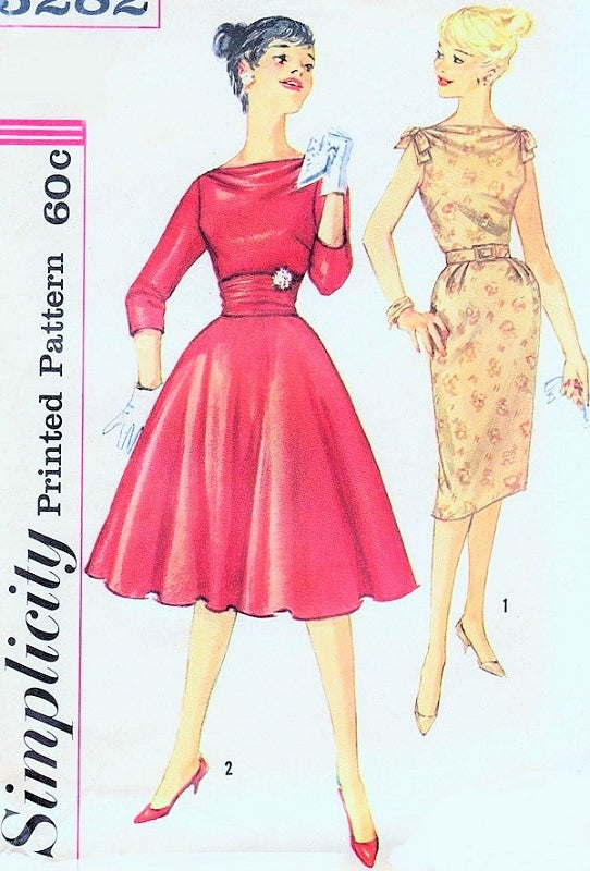 1960s Cocktail Party Special Occasion Dress Pattern Bateau Cowl Neckline Slim or Full Circle Skirt and Cummberbund Simplicity 3282 Vintage Sewing Pattern Bust 34 FACTORY FOLDED