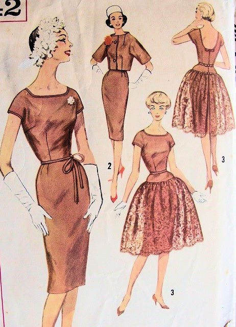 1960 SLIM COCKTAIL EVENING DRESS PATTERN, OVERSKIRT, JACKET LOVELY STYLES SIMPLICITY PATTERNS 3342