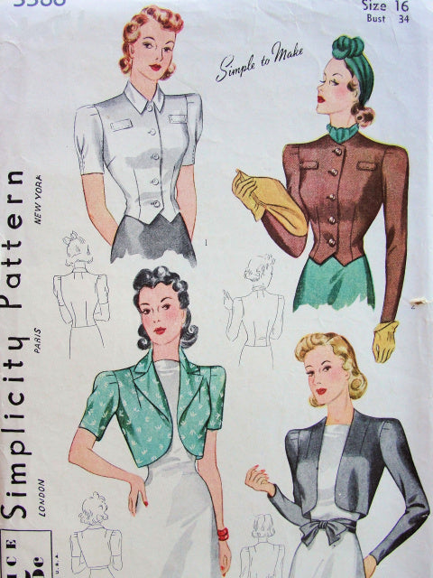 1940 LOVELY Bolero Jackets and Blouse Pattern SIMPLICITY 3366 Blouse and 3 Wonderful Style Versions Bust 34  SIMPLE To Make Vintage Sewing Pattern