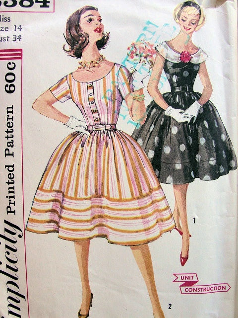 1960s Pretty Dress Pattern Simplicity 3384 Full Skirt Day or Party Detachable Collar Mad Men Style Bust 32 Vintage Sewing Pattern UNCUT