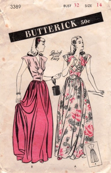 1940s EVENING DRESS PATTERN CAP SLEEVED DIRNDLE SKIRTED BUTTERICK 3389