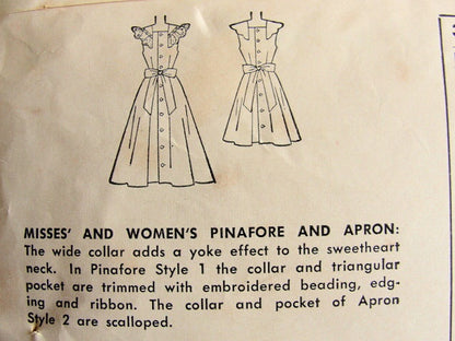 1950s LOVELY Pinafore Apron and Apron Dress Pattern SIMPLICITY 3422 Two Pretty Styles Bust 30 Vintage Sewing Pattern