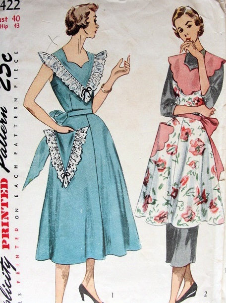1950s LOVELY Pinafore Apron and Apron Dress Pattern SIMPLICITY 3422 Two Pretty Styles Bust 30 Vintage Sewing Pattern