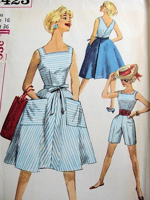 1960s FAB Beach Weekend Wear Pattern SIMPLICITY 3423 Summer Separates Playsuit Resort Wear, Back Wrap Flared Skirt ,Top and Shorts Bust 36 Vintage Sewing Pattern