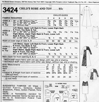 70s Little Girls Robe, Stuffed Toy Cat Pattern McCalls 342 Childrens Size 5 Bathrobe Cuddly Toy Vintage Sewing Pattern UNCUT