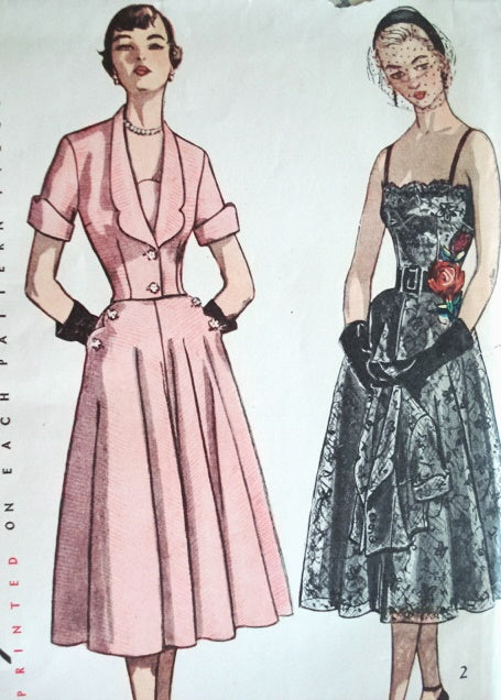 1950s STUNNING Cocktail Evening Party Dress and Jacket Pattern SIMPLICITY 3437 Fitted Jacket Nip in Waist Camisole Bodice Full Skirt Dress Bust 32 Vintage Sewing Pattern