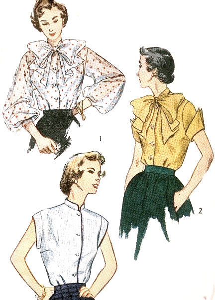 1950s BEAUTIFUL Blouse Pattern SIMPLICITY 3438 Three Versions Large Bow Tie and Full Sleeves, Wing Sleeved or Mandarin Collar Sleeveless Styles Bust 38 Vintage Sewing Pattern FF