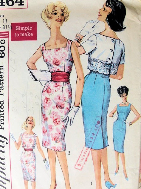 1960s BOMBSHELL Slim Dress and Jacket Pattern SIMPLICITY 3464 Simple to Sew Cocktail Party Dress, Square or Bateau Neckline,Back Buttoned Jacket Bust 31 Vintage Sewing Pattern