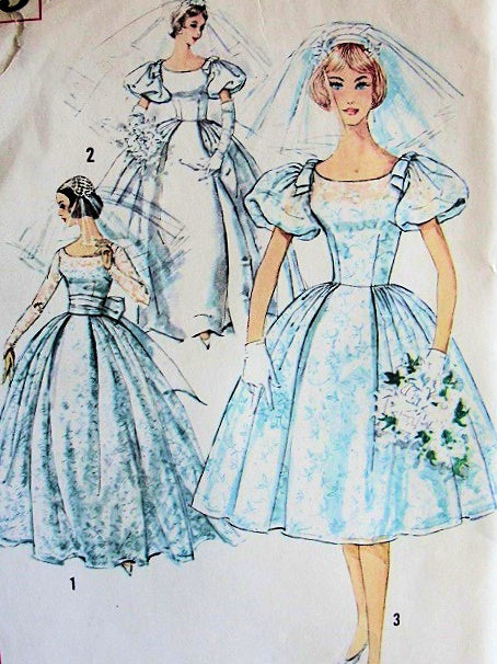 1960s  LOVELY Wedding Dress Bridal Gown Pattern SIMPLICITY 3469 Two Sleeve Styles  Flattering Necklines Bust 32 Vintage Sewing Pattern