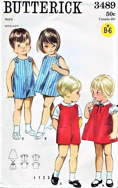 60s CUTE Toddler Brother and Sister Pattern BUTTERICK 3489 Childrens Quick n Easy Easy Jumper, Blouse, Rompers Toddlers Size 2 Vintage Sewing Pattern