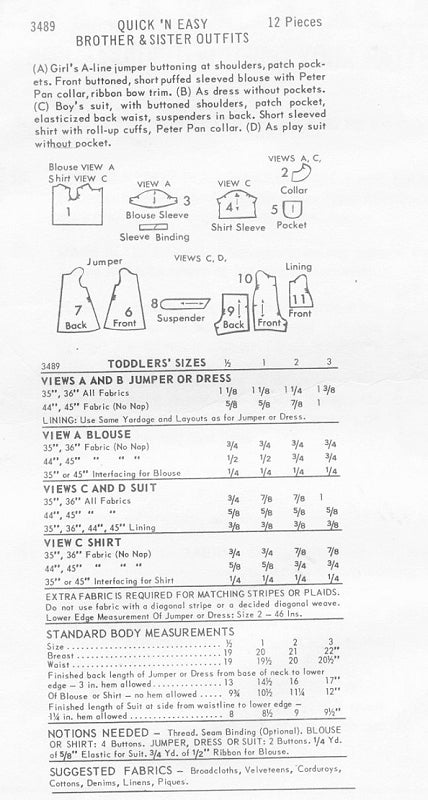 60s CUTE Toddler Brother and Sister Pattern BUTTERICK 3489 Childrens Quick n Easy Easy Jumper, Blouse, Rompers Toddlers Size 2 Vintage Sewing Pattern