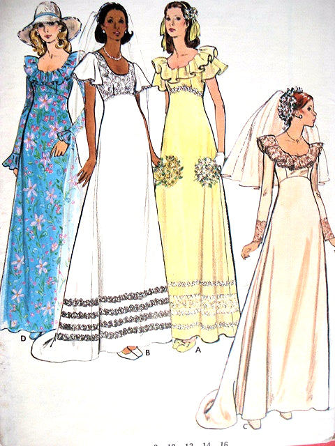 1970s RETRO Romantic Bridal Gown Wedding Dress Pattern BUTTERICK 3491 Empire Style Four Versions Bust 38 Vintage Sewing Pattern FF