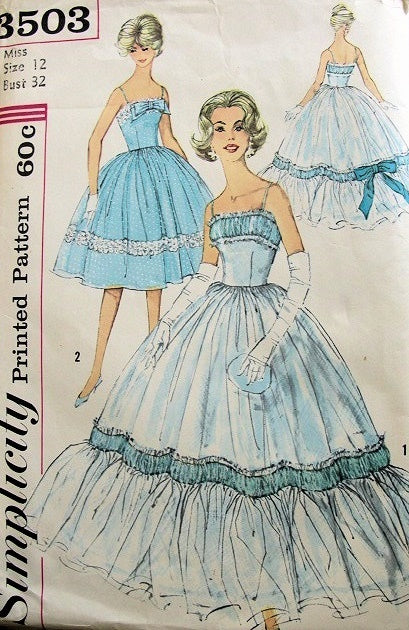 1950s BEAUTIFUL Evening Gown Party Dress Pattern SIMPLICITY 3503 Ruched Bodice Option, Dreamy Gown, Flirty Cocktail Dress Bust 32 Vintage Sewing Pattern