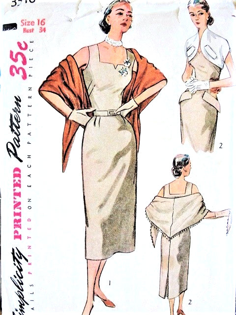 1950s CHIC Slim Dress, Bolero Jacket and Stole Pattern SIMPLICITY 3546 Day or Cocktail Party Bust 34 Vintage Sewing Pattern