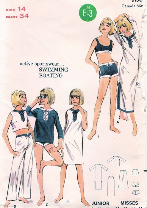 1960s MOD Beachwear Coordinates Pattern BUTTERICK 3546 Beach Dress Cover Up Bikini Swimsuit, Bolero, Pants Bust 32 Vintage Sewing Pattern UNCUT