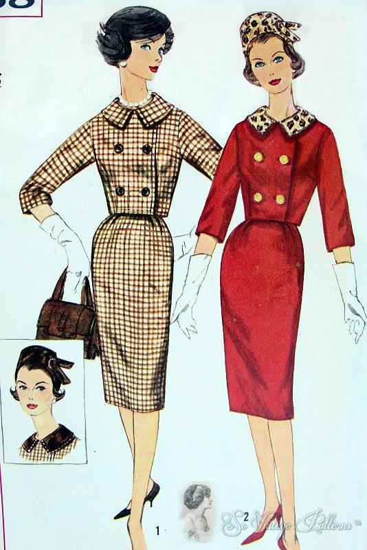 1960 STYLISH Slim Skirt Suit and Pill Box HAT Pattern SIMPLICITY 3588 Detachable Collar, Double Breasted Short Jacket Bust 36 Vintage Sewing Pattern
