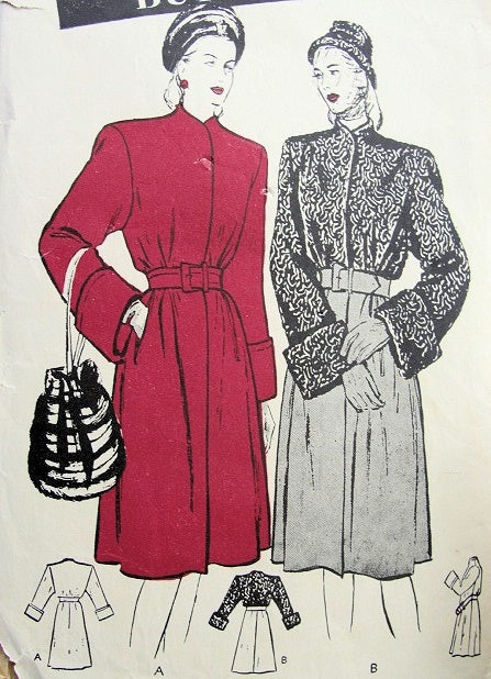 1940s  ELEGANT COAT PATTERN WIDE CUFFS, CINCHED IN WAIST, FABRIC or FUR BUTTERICK PATTERNS 3618
