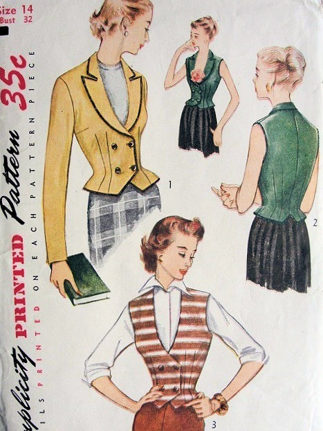 1950 STYLISH Fitted Jacket and Weskit Vest Pattern SIMPLICITY 3683  Day or Evening Styles Bust 32 Vintage Sewing Pattern FACTORY FOLDED