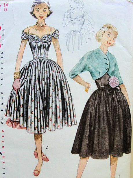 1950s PRETTY PARTY DRESS, BOLERO, PETTICOAT PATTERN LOVELY DRAPED NECKLINE ON or OFF SHOULDERS SIMPLICITY PATTERNS 3752