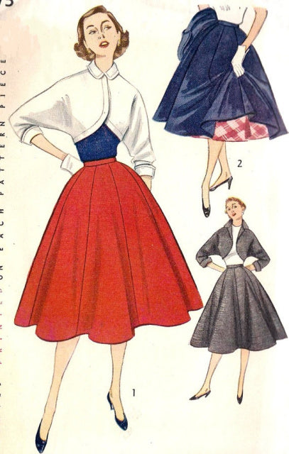 1950s FABULOUS  Skirt and Bolero Jacket Pattern SIMPLICITY 3773 Full Circle Skirt, Lovely Cropped Jacket Bust 30 Vintage Sewing Pattern