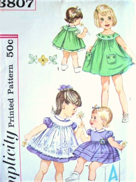 1960s ADORABLE Toddler Little Girl Dress Pattern SIMPLICITY 3807 Dress,Pinafore and Bloomers Panties Sweet Styles Toddler Size 3 Vintage Childrens Sewing Pattern