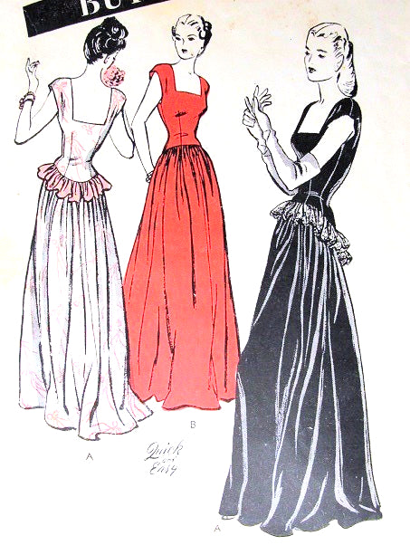 1940s GORGEOUS Butterick 3836 Evening Gown Pattern FILM NOIR BASQUE Bodice Low Wide Neckline Flirty Peplum Glam Style QUICK n EASY Bust 32 Vintage Sewing Pattern