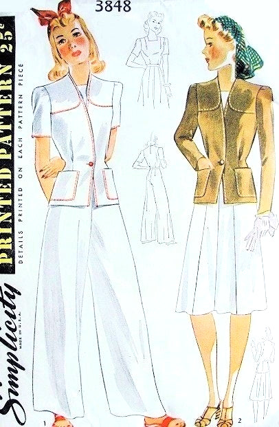 FAB 1940s Pants Suit, Skirt Blouse Pattern SIMPLICITY 3848 Swing Shift Wide Leg Trousers Fitted Jacket Flared Skirt Bust 30 Vintage Sewing Pattern