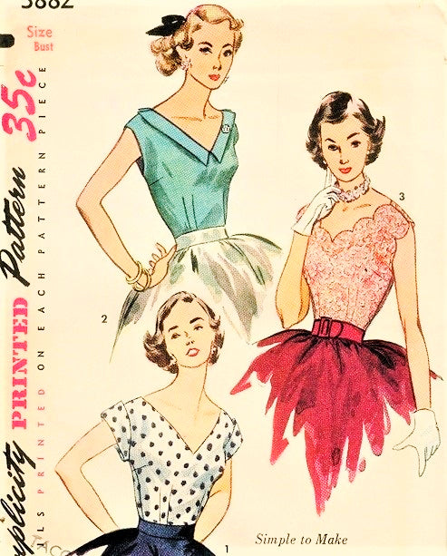 1950s BEAUTIFUL V Neckline Blouse Pattern SIMPLICITY 3882 Three Lovely Versions Day or Evening Blouses Bust 32 Simple To Make Vintage Sewing Pattern