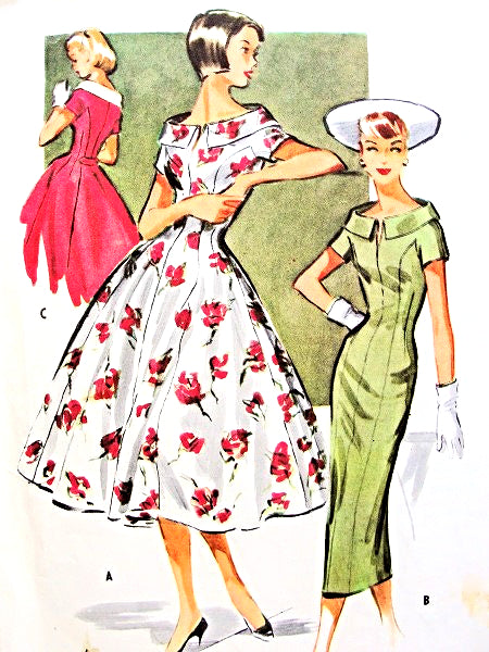 1950s Stunning Princess Dress Pattern McCalls 3924 Vintage Sewing Pattern Slim or Full Skirt, Gorgeous Face Framing Portrait Collar Day or Cocktail Party Dress Bust 32 or 36