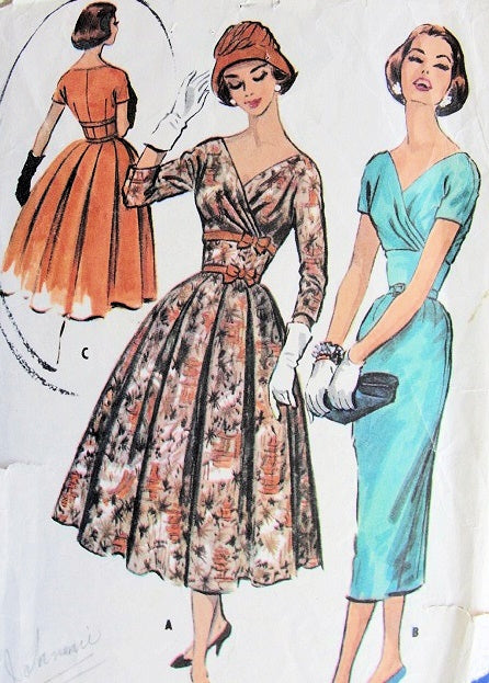 1950s  BEAUTIFUL Cocktail Dinner Party Evening Dress Pattern McCALLS 3990 Slim or Full Skirt Surplice Bodice Figure Flattering Design Bust 36 Vintage Sewing Pattern