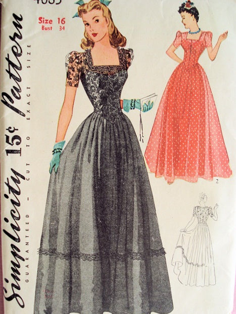 1940s DREAMY Dinner Dance Gown Pattern SIMPLICITY 4065 Perfect For Sheer Fabrics, Bust 33 Vintage Sewing Pattern