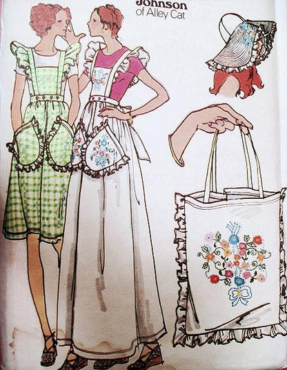 1970s BETSEY JOHNSON Alley Cat Pattern BUTTERICK 4090 Pinafore Jumper Aprons Tote Bag Floppy Bag + Transfer,Medium, Vintage Sewing Pattern