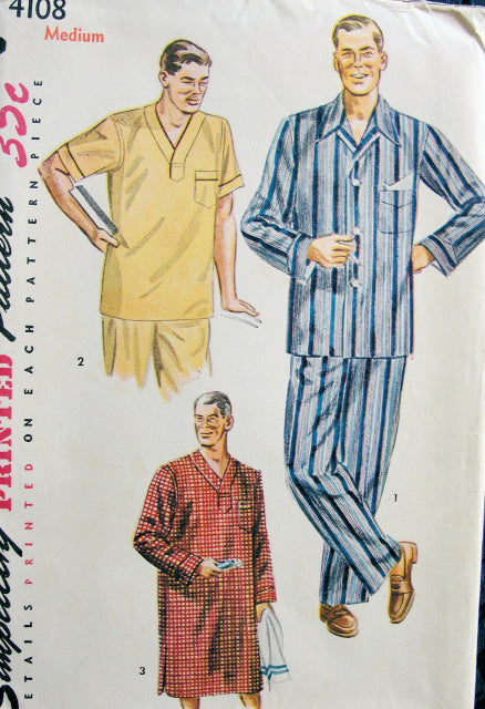 1950s DAPPER Mens PAJAMAS, NIGHTSHIRT Pattern SIMPLICITY 4108 Medium Size Vintage Sewing Pattern