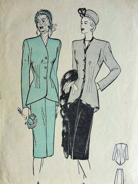 1940s BUTTERICK 4108 SUIT PATTERN FITTED CUTAWAY JACKET, GRACEFUL SWALLOWTAIL, SLIM 5 GORE SKIRT