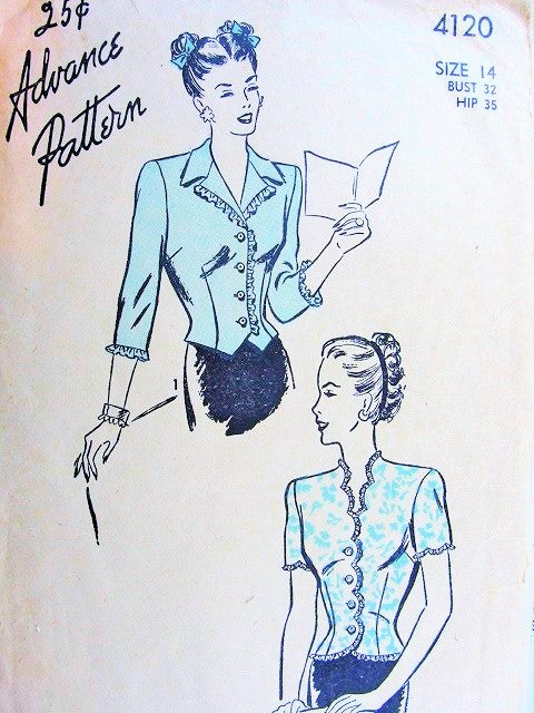 1940s STYLISH Overblouse Pattern ADVANCE 4120 Two Lovely Blouse Styles Day or Evening Bust 32 Vintage Pattern