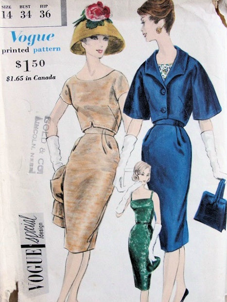 1960 CLASSY SLIM COCKTAIL DRESS OVERBLOUSE, JACKET PATTERN VOGUE SPECIAL DESIGN 4128