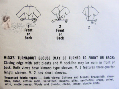 1960s Lovely TURNABOUT Wrap Blouse Pattern SIMPLICITY 4130, Blouse May Be Turned To Front or Back Wrap, V or Bateau Neckline Bust 36 Vintage Sewing Pattern