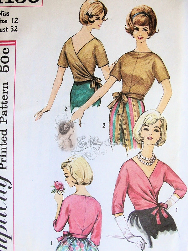 1960s Lovely TURNABOUT Wrap Blouse Pattern SIMPLICITY 4130, Blouse May Be Turned To Front or Back Wrap, V or Bateau Neckline Bust 36 Vintage Sewing Pattern