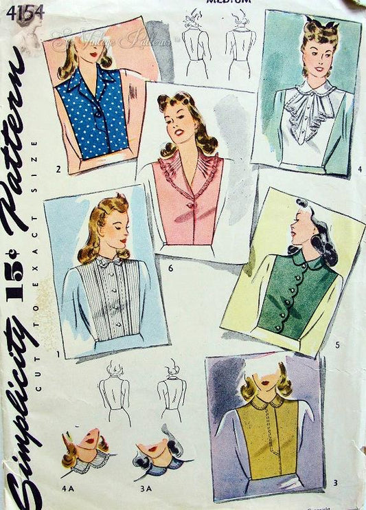 1940s WAR TIME Dickey Set, Collars Pattern SIMPLICITY 4154 Perfect For Suits, Bust 36-38 Vintage Sewing Pattern