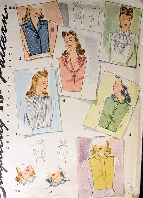 1940s WAR TIME  DICKEY SET,COLLARS  PATTERN Simplicity 4154 PERFECT FOR SUITS Vintage Sewing Pattern