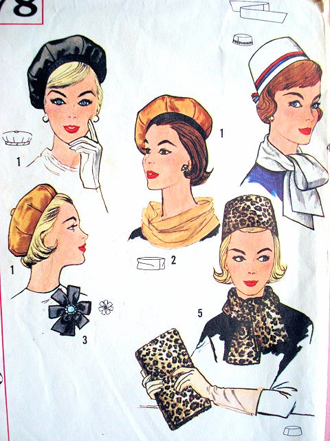 1960s CLASSY Hats and Scarves Pattern SIMPLICITY 4178 Pillbox Hat, Reversible Beret, Circular Scarf, Bag and Ribbon Rosette Pin Vintage Sewing Pattern