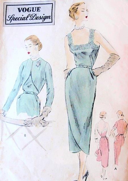1950s  COCKTAIL EVENING DRESS, JACKET PATTERN  SLIM SKIRTED FRONT WRAP, CAMISOLE BODICE, FITTED BOLERO VOGUE SPECIAL DESIGN 4181
