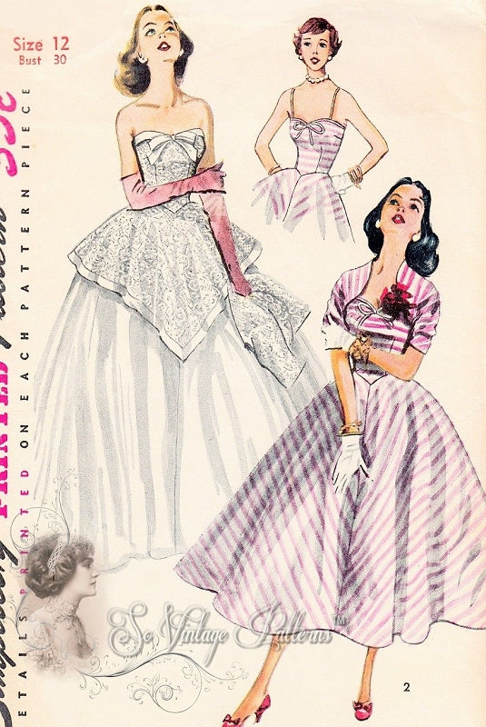 1950s Dreamy Gown and Bolero Jacket Pattern SIMPLICITY 4187  Strapless Sweetheart Neckline , Peplum Version ,Wedding Bridal  or Formal Party Dress Bust 30 Vintage Sewing Pattern