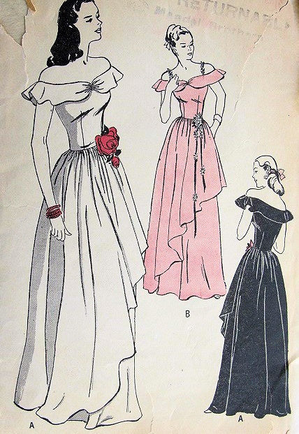 1940s DRAMATIC Off Shoulders Neckline Evening Gown Pattern BUTTERICK 4254 Bouffant Skirt DIAGONAL Drapery BASQUE Bodice Film Noir Gown Bust 30 Vintage Sewing Pattern FACTORY FOLDED