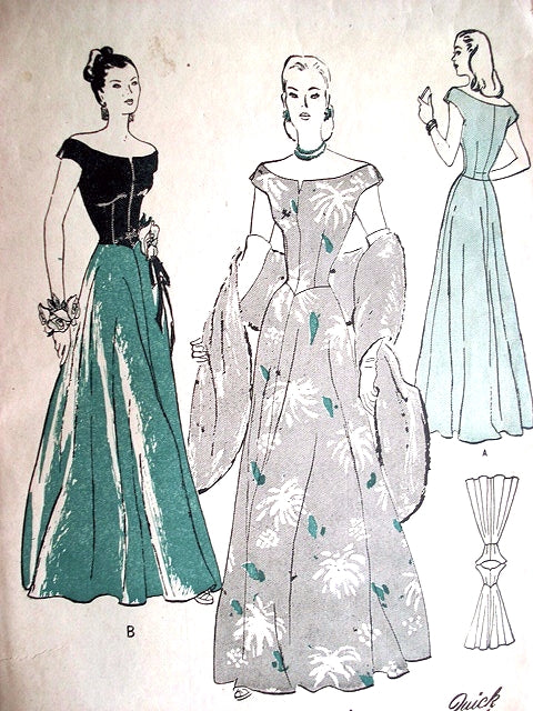 1940s Stunning Evening Gown Pattern Butterick 4268 Portrait Off Shoulders Neckline Basque Bodice Graceful Flared Four Gore Skirt  Bust  30 Vintage Sewing Pattern Quick n Easy FACTORY FOLDED